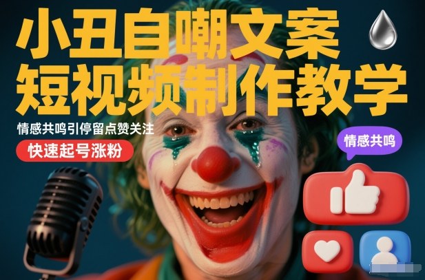 小丑自嘲文案短视频制作教学，情感共鸣引停留点赞关注，快速起号涨粉-领学通