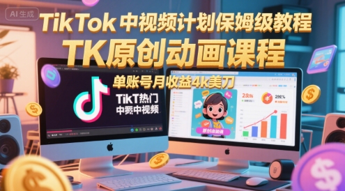 TikTok中视频计划保姆级教程，TK原创动画课程，单账号月收益4k美刀-领学通