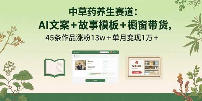 （15925期）中草药养生赛道：AI文案+故事模板+橱带货，45条作品涨粉13w+单月变现1万+-领学通