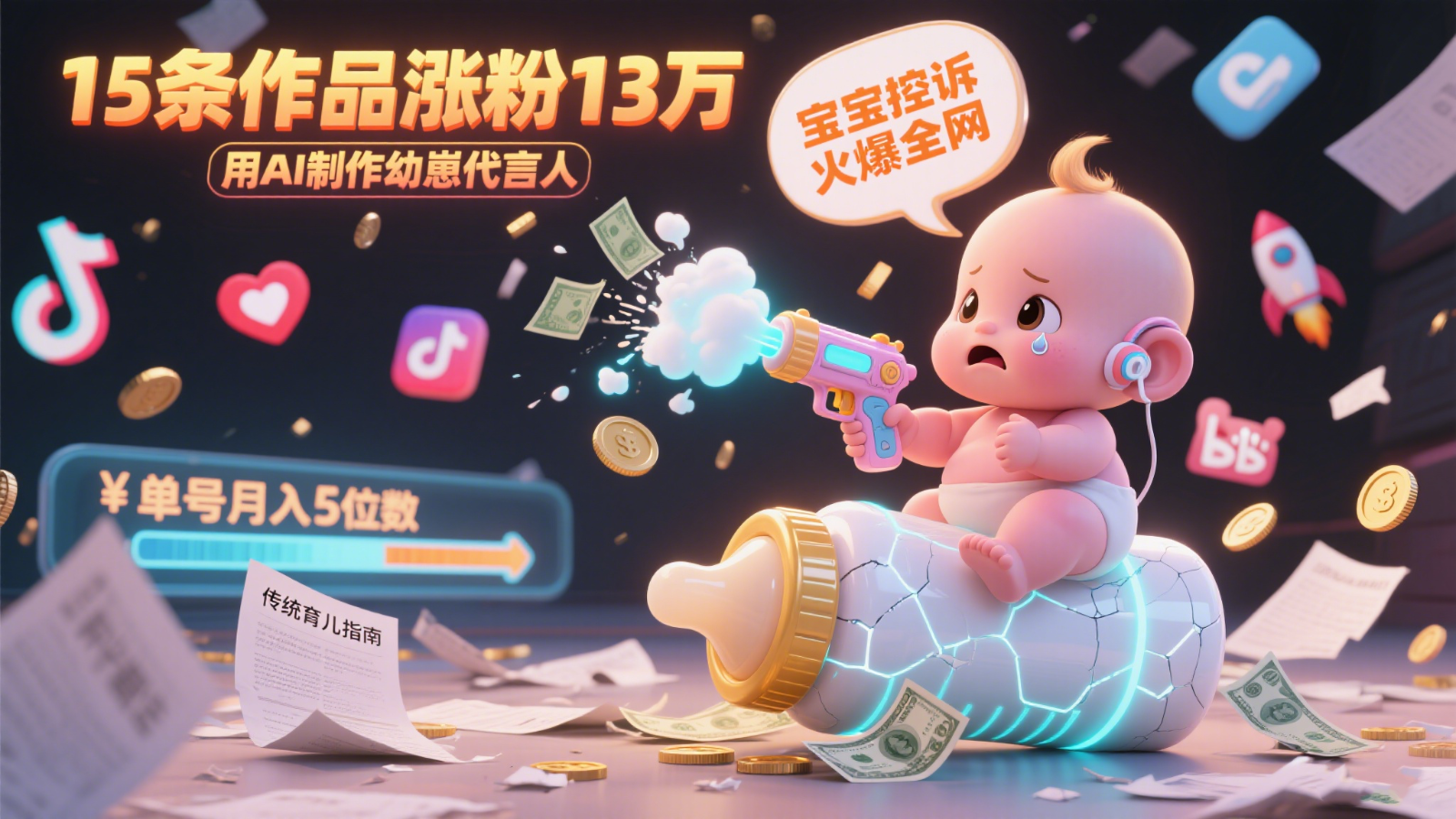 用AI制作幼崽代言人，宝宝的控诉火爆全网，15条作品涨粉13万，单号月入5位数实操教程-领学通