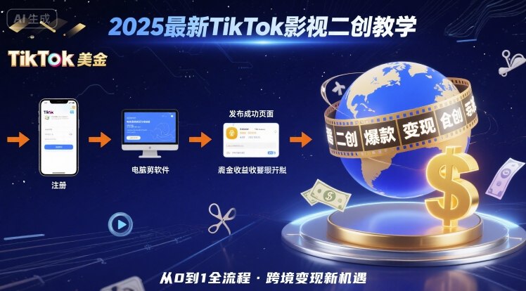 2025年最新TikTok影视二创教学，从注册到发布撸美金全流程，跨境变现新机遇-领学通