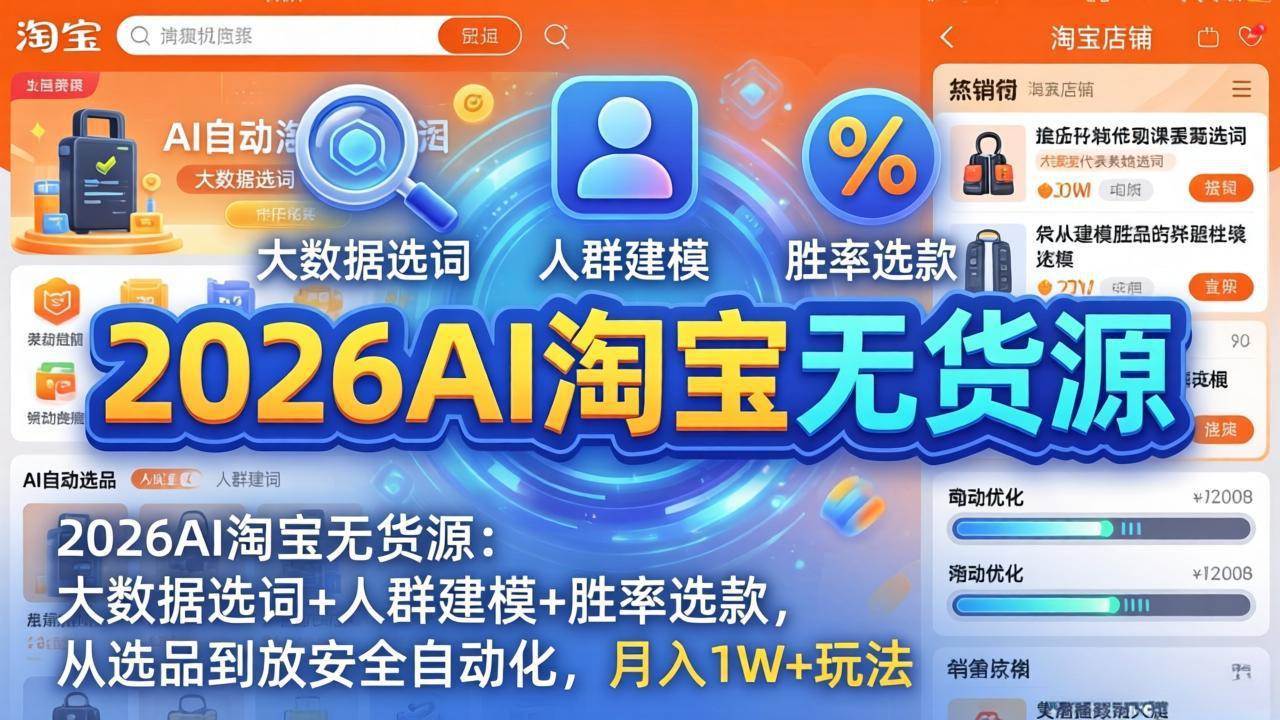 （17812期）2026AI淘宝无货源：大数据选词+人群建模+胜率选款，从选品到放大全自动化，月入1W+玩法-领学通