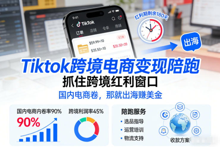 Tiktok跨境电商变现陪跑,抓住跨境红利窗口,国内电商卷,那就出海賺美金-领学通