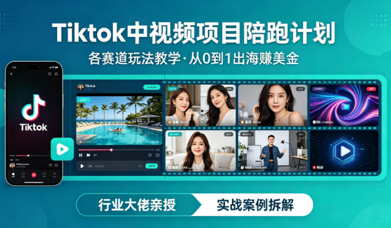 某大佬的Tiktok中视频项目陪跑，涵盖TK各个赛道玩法教学，从0到1出海賺美金-领学通