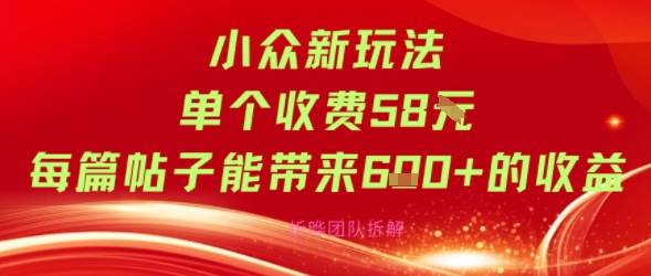 小众新玩法单个收费58米每篇帖子能带来6张+的收益-领学通