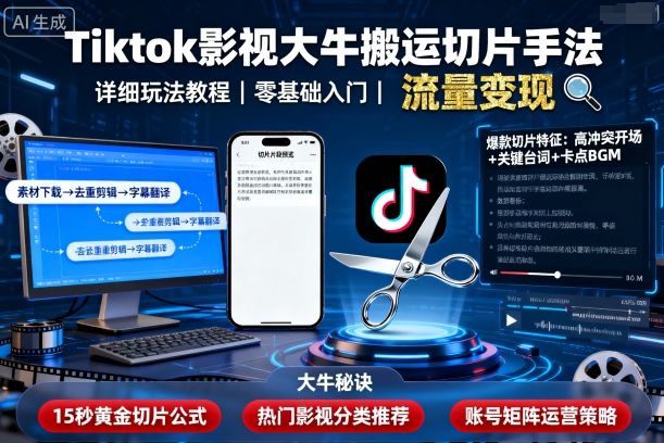 Tiktok影视大牛搬运切片手法，详细玩法教程-领学通