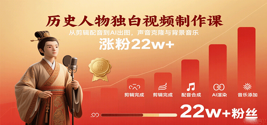 历史人物独白视频制作课，从剪辑配音到AI出图，声音克隆与背景音乐，涨粉22w+-领学通