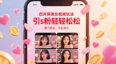 四开屏美女视频玩法，引s粉轻轻松松，暴力掘金，手机操作【揭秘】-领学通