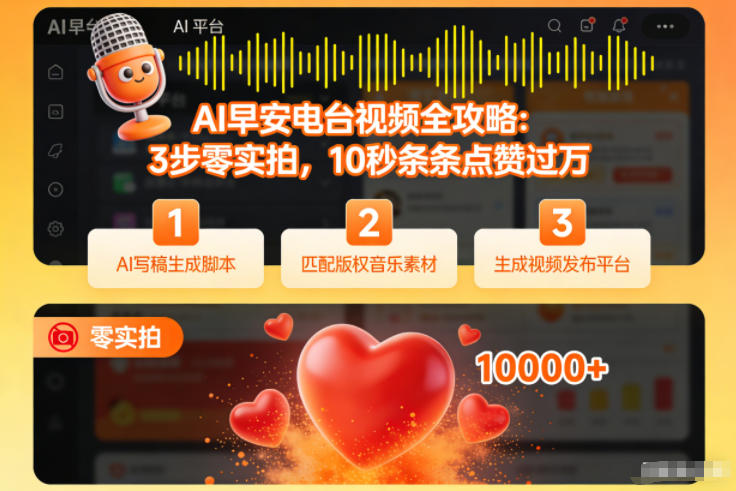 AI早安电台视频全攻略：3步零实拍，10秒条条点赞过万-领学通