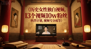 历史女性独白视频，13个视频10w粉丝，伙伴计划，视频号分成等-领学通