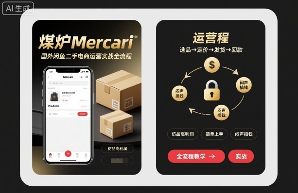 煤炉Mercari国外闲鱼二手电商运营实战全流程,仿品高利润,简单上手,闷声搞钱-领学通