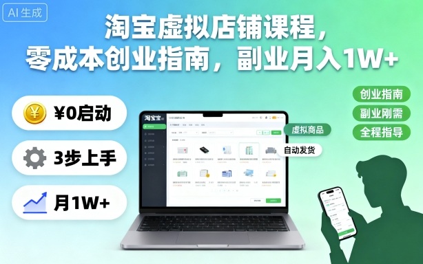 淘宝虚拟店铺课程,零成本创业指南,副业月入1W+-领学通