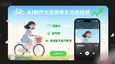 AI制作女孩骑单车治愈视频，流量大，起号快，快速起千粉万粉号-领学通