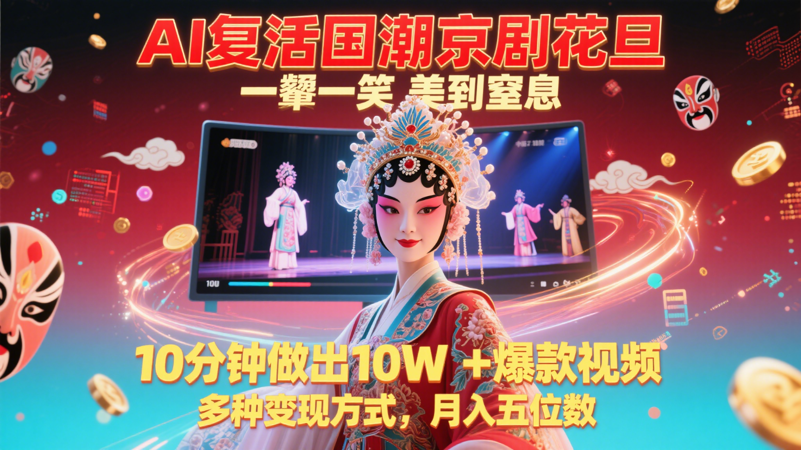 AI复活国潮京剧花旦，一颦一笑美到窒息，10分钟做出10W+爆款视频，多种变现方式，…-领学通