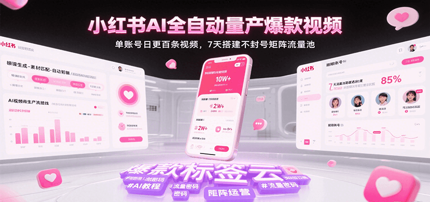 小红书AI全自动量产爆款视频，单账号日更百条视频，7天搭建不封号矩阵流量池-领学通