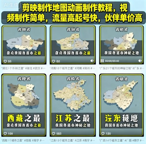 剪映制作地图动画制作教程,视频制作简单,流量高起号快,伙伴单价高-领学通