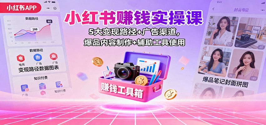 小红书赚钱实操课：5大变现路径+广告渠道，爆品内容制作+辅助工具使用-领学通