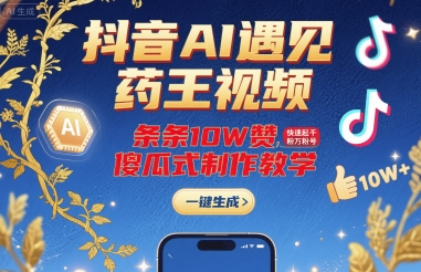 抖音AI遇见药王视频，条条10W赞，快速起千粉万粉号，傻瓜式制作教学-领学通