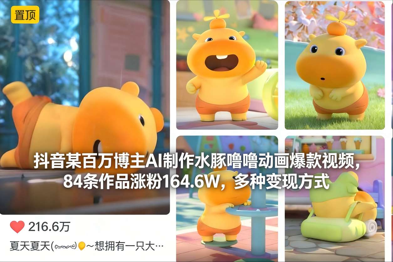 抖音某百万博主AI制作水豚噜噜动画爆款视频,84条作品涨粉164.6W,多种变现方式-领学通