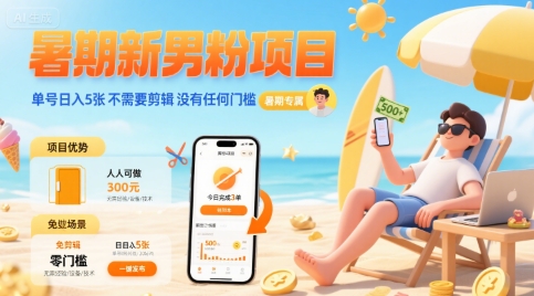 暑期新男粉项目 单号日入5张 不需要剪辑 没有任何门槛-领学通