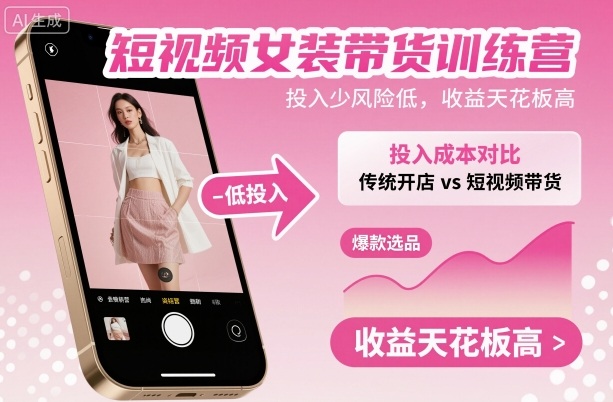 短视频女装带货训练营,投入少风险低,收益天花板高-领学通