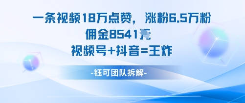 一条视频18W点赞,涨粉6.5W粉佣金8541米,视频号+抖音=王炸-领学通