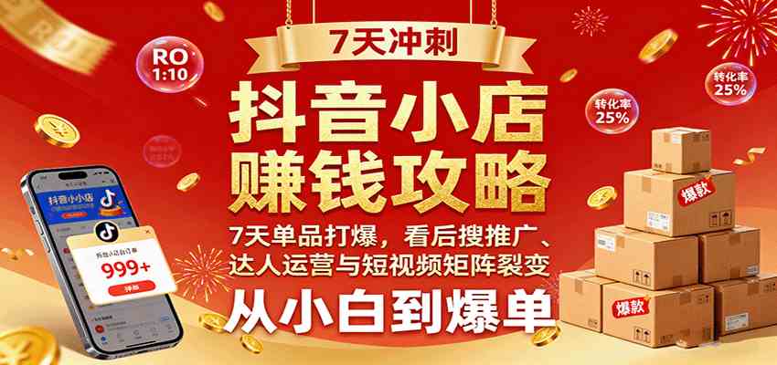 抖音小店赚钱攻略：7天单品打爆技巧，看后搜推广、达人运营与短视频矩阵裂变实战-领学通
