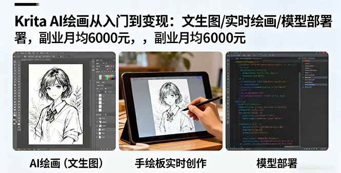 (16222期)Krita AI绘画从入门到变现:文生图/实时绘画/模型部署,副业月均6000元-领学通