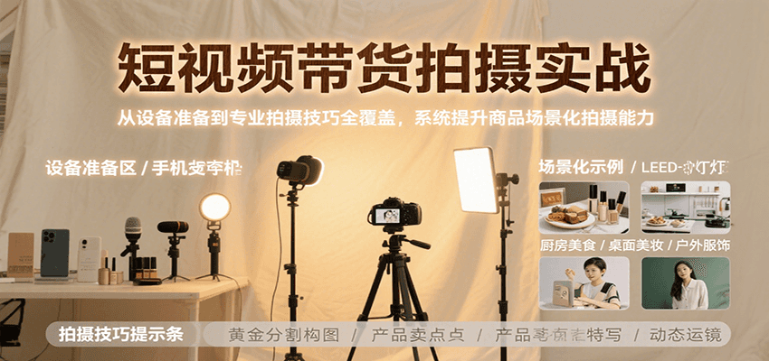 短视频带货拍摄实战，从设备准备到专业拍摄技巧全覆盖，系统提升商品场景化拍摄能力-领学通