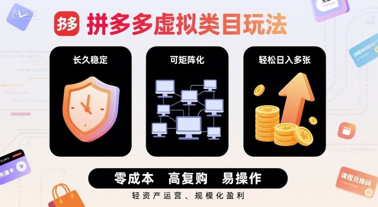 拼多多虚拟类目玩法，长久稳定，可矩阵化，轻松日入多张-领学通
