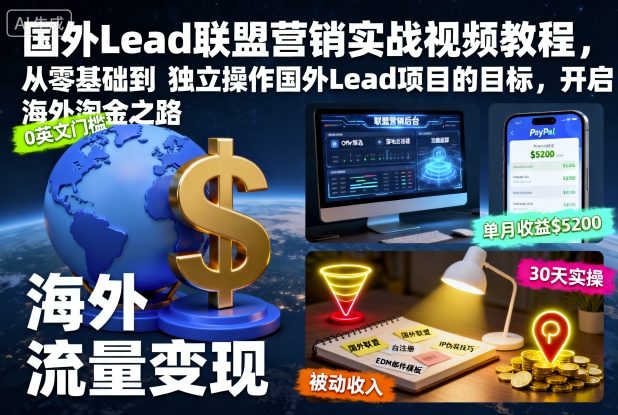 国外Lead联盟营销实战视频教程,从零基础到独立操作国外Lead项目的目标,开启海外淘金之路-领学通