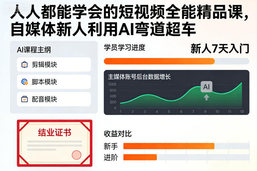 人人都能学会的短视频全能精品课,自媒体新人利用AI弯道超车-领学通