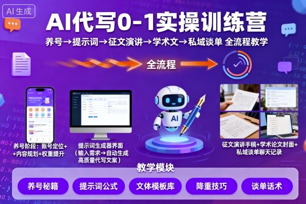 AI代写0-1实操训练营，从养号、提示词、征文演讲、学术文，到私域谈单的全流程教学-领学通
