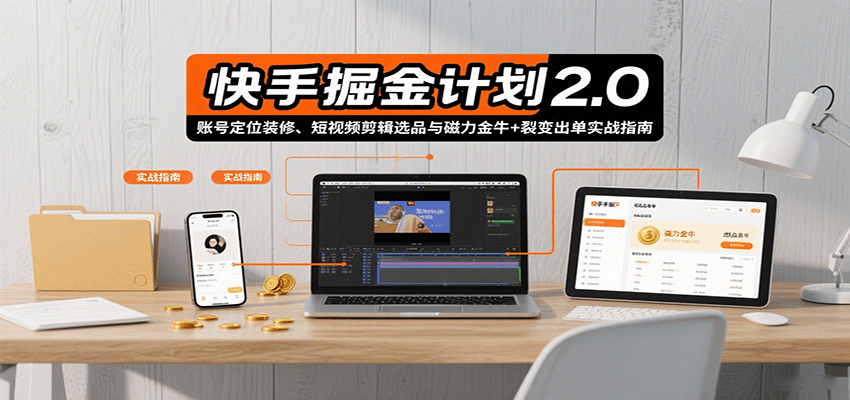 快手掘金计划2.0，账号定位装修、短视频剪辑选品与磁力金牛+裂变出单实战指南-领学通