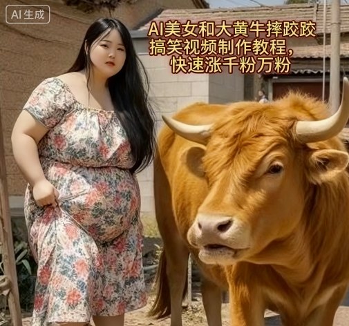 AI美女和大黄牛摔跤搞笑荒诞视频制作教程,快速涨千粉万粉-领学通
