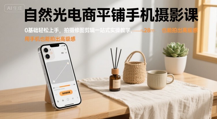 自然光电商平铺手机摄影课，0基础轻松上手，拍摄修图剪辑一站式实操教学，用手机也能拍出高级感-领学通
