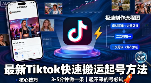 最新Tiktok快速搬运快速起号方法,3-5分钟做一条,起不来的号可以试试-领学通