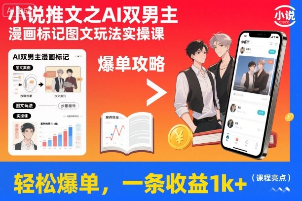 小说推文之AI双男主漫画标记图文玩法实操课,轻松爆单,一条收益1k+-领学通