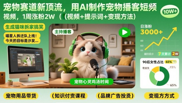 宠物赛道新顶流,用AI制作宠物播客短视频,1周涨粉2W(视频+提示词+变现方法)-领学通