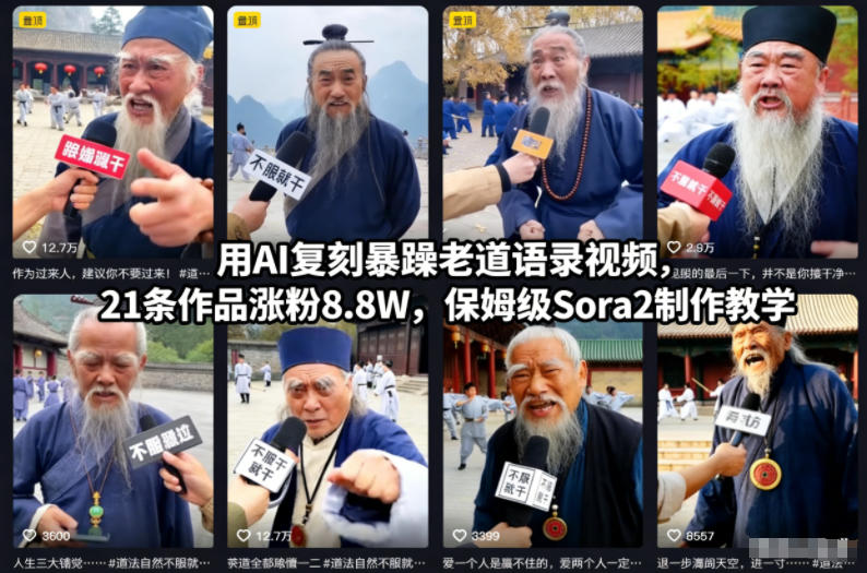 用AI复刻暴躁老道语录视频，21条作品涨粉8.8W，保姆级Sora2制作教学-领学通