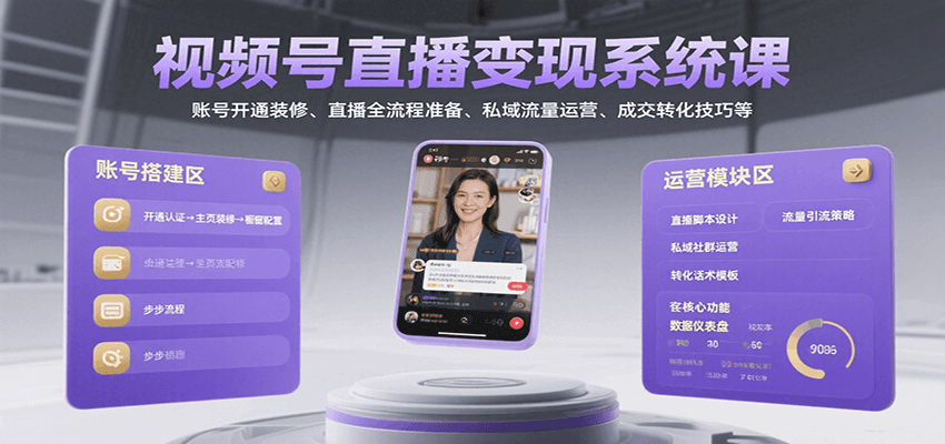 视频号直播变现系统课，账号开通装修、直播全流程准备、私域流量运营、成交转化技巧等-领学通