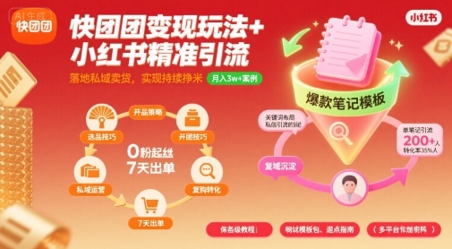 快团团变现玩法+小红书精准引流技巧，助你真正落地私域卖货，实现持续挣米-领学通