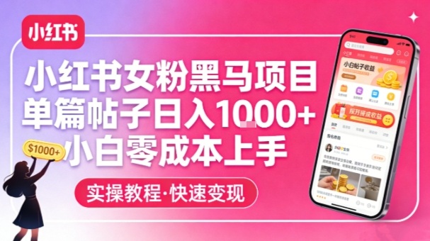 小红书女粉黑马项目，单篇帖子日入1k+，小白零成本上手-领学通