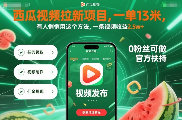 西瓜视频拉新项目,一单13米,有人悄悄用这个方法,一条视频收益2.5w+(附详细教程)-领学通