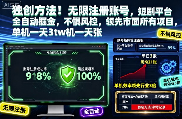 独创方法!无限注册账号,短剧平台全自动掘金,不惧风控,领先市面所有项目,单机一天3张【揭秘】-领学通