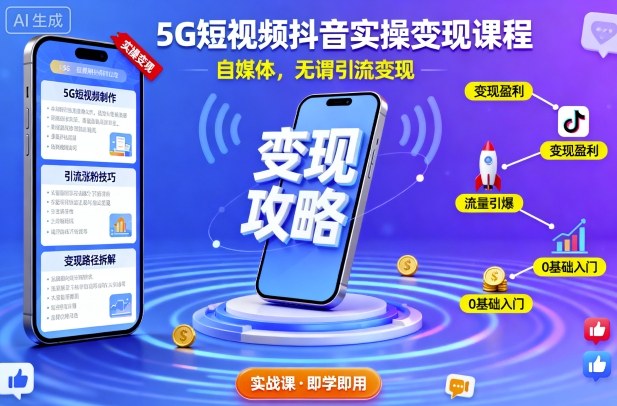 5G短视频抖音实操变现课程,自媒体,无谓引流变现-领学通