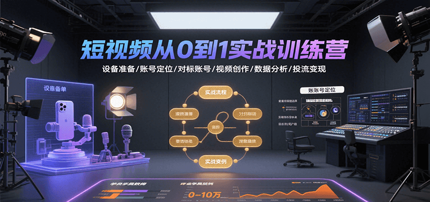 短视频从0到1实战训练营：设备准备/账号定位/对标账号/视频创作/数据分析/投流变现-领学通