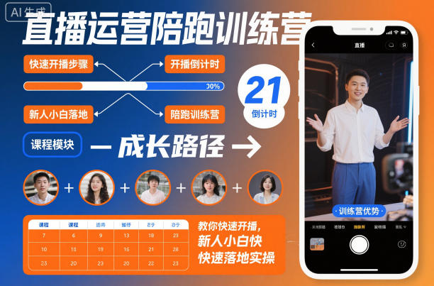直播运营陪跑训练营,教你快速开播,新人小白快速落地实操-领学通