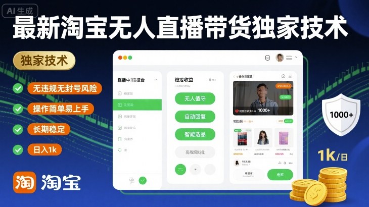 最新淘宝无人直播带货独家技术，无违规无封号风险，操作简单易上手，长期稳定日入1k【揭秘】-领学通