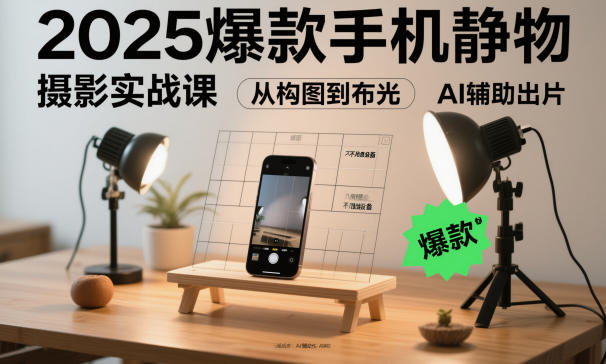 2025爆款手机静物摄影实战课,从构图到布光,不用贵设备,AI辅助出片-领学通